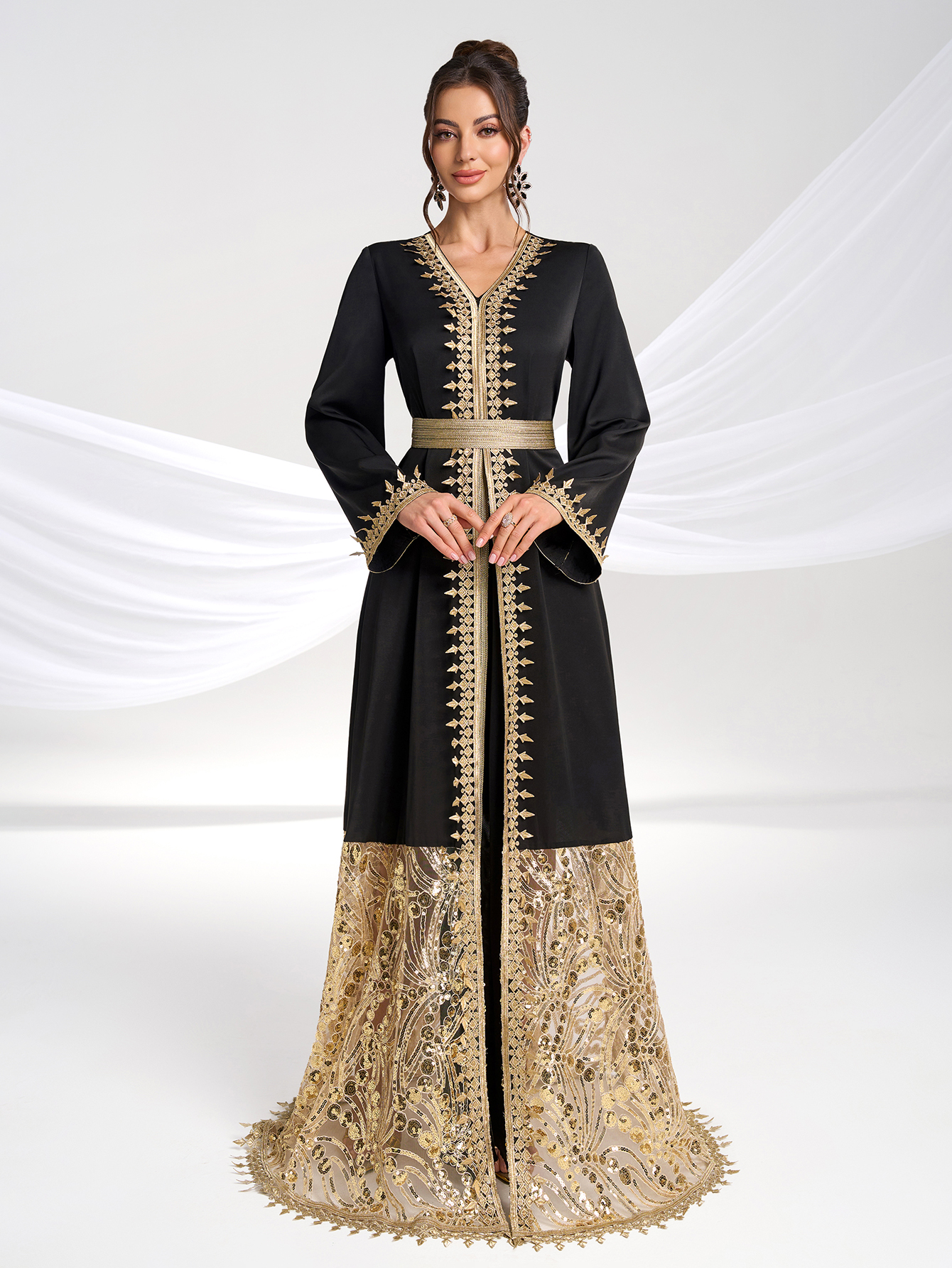 Cocktail Evening Arabic Gold Embroidered Printed V neck Long Sleeve Belt Dress