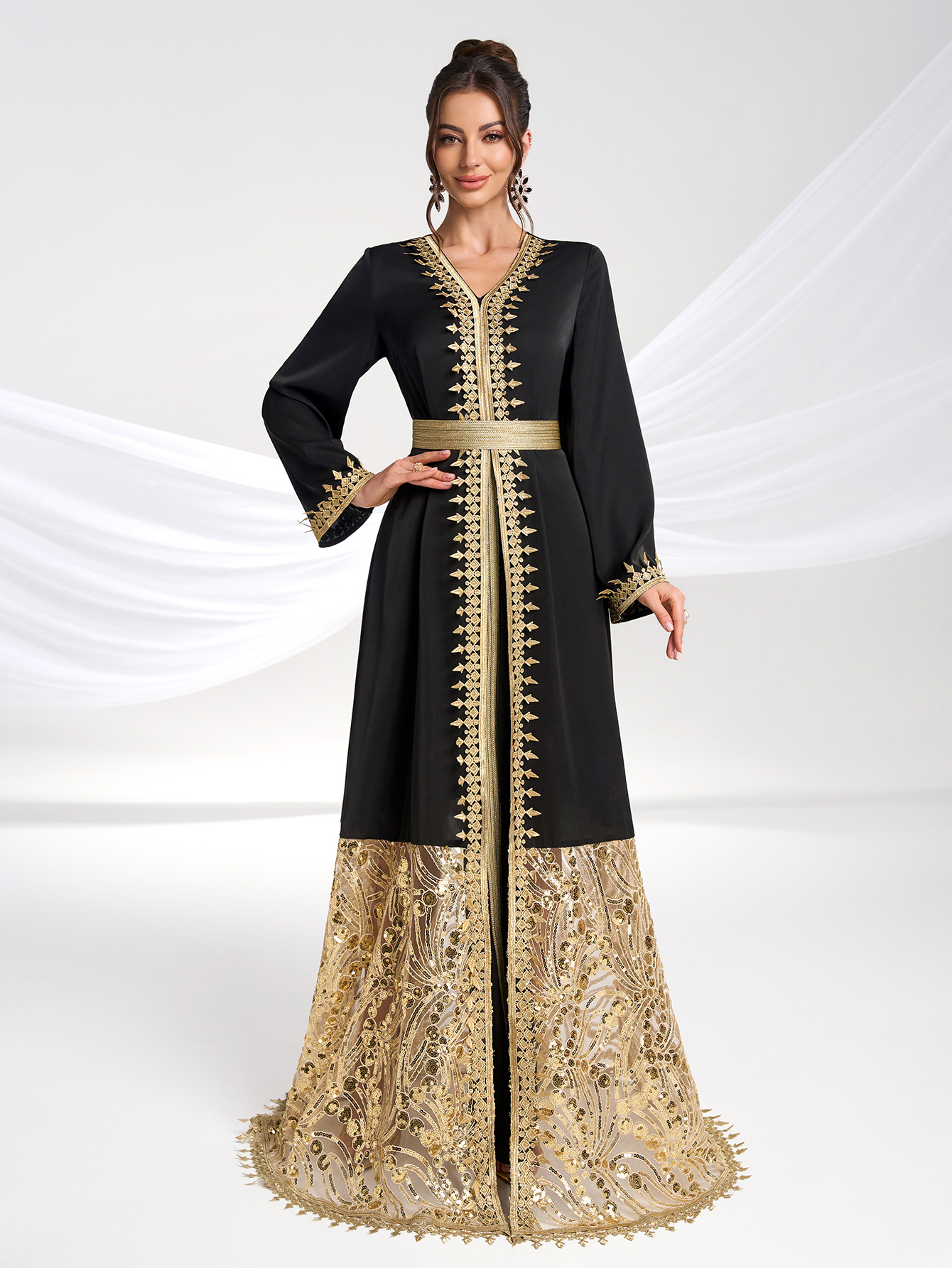Cocktail Evening Arabic Gold Embroidered Printed V neck Long Sleeve Belt Dress - Image 2