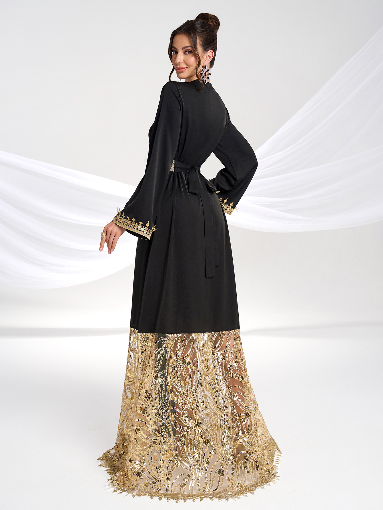Cocktail Evening Arabic Gold Embroidered Printed V neck Long Sleeve Belt Dress - Image 3
