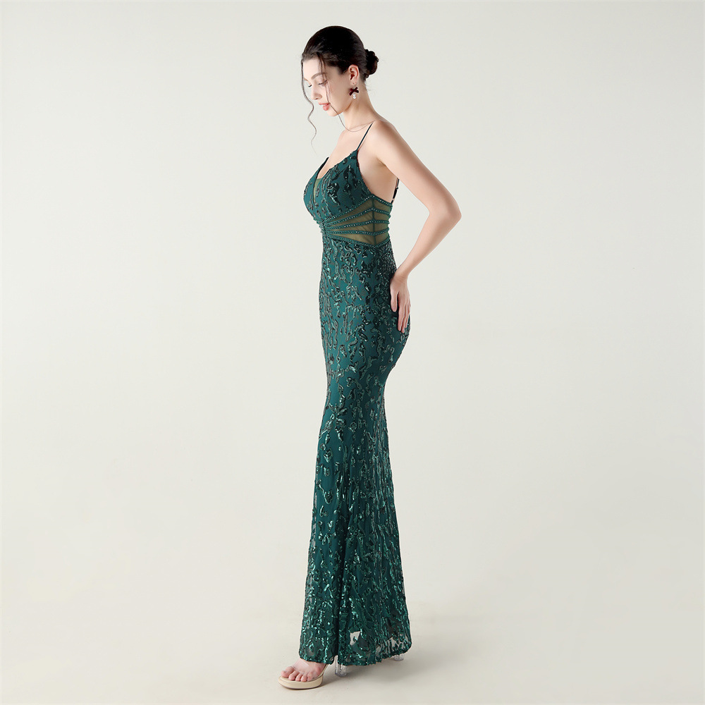 Mid Waist Deep V Plunge Neck Sequin Evening Dress - Image 10