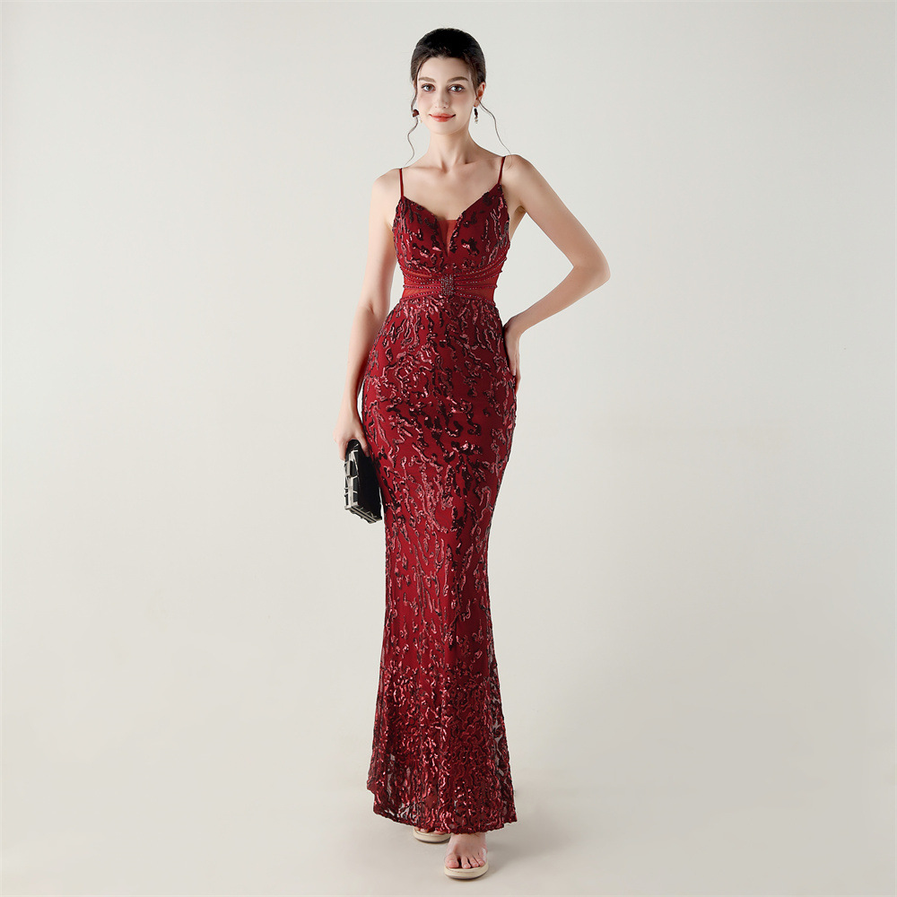 Mid Waist Deep V Plunge Neck Sequin Evening Dress - Image 7