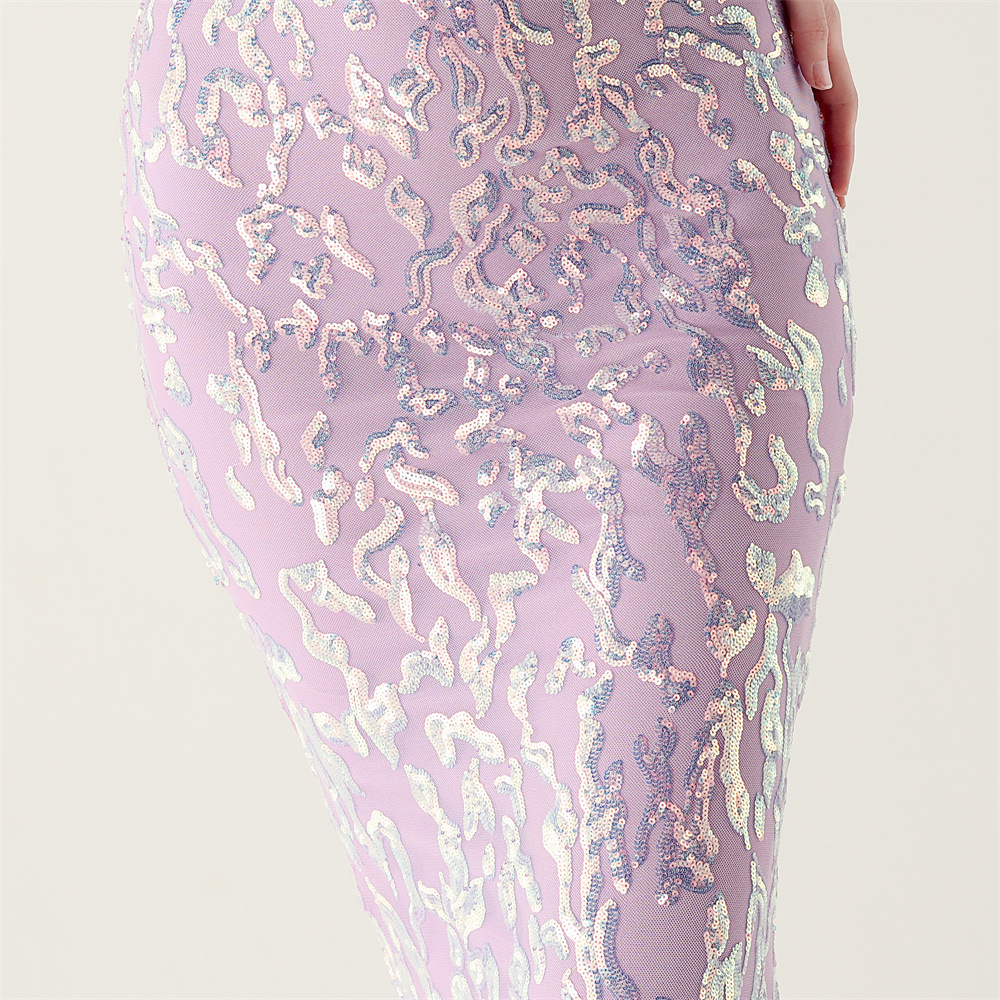 Mid Waist Deep V Plunge Neck Sequin Evening Dress - Image 15