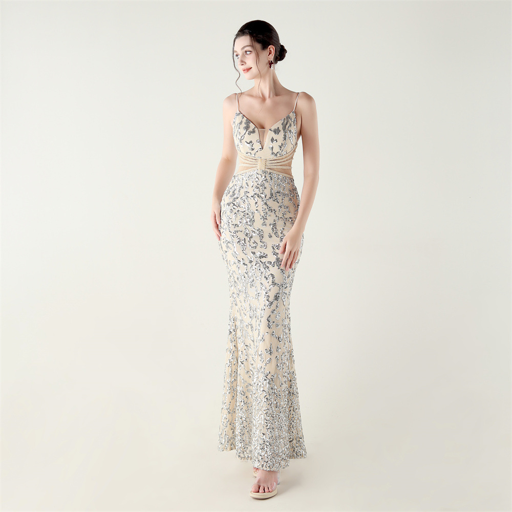 Mid Waist Deep V Plunge Neck Sequin Evening Dress - Image 11