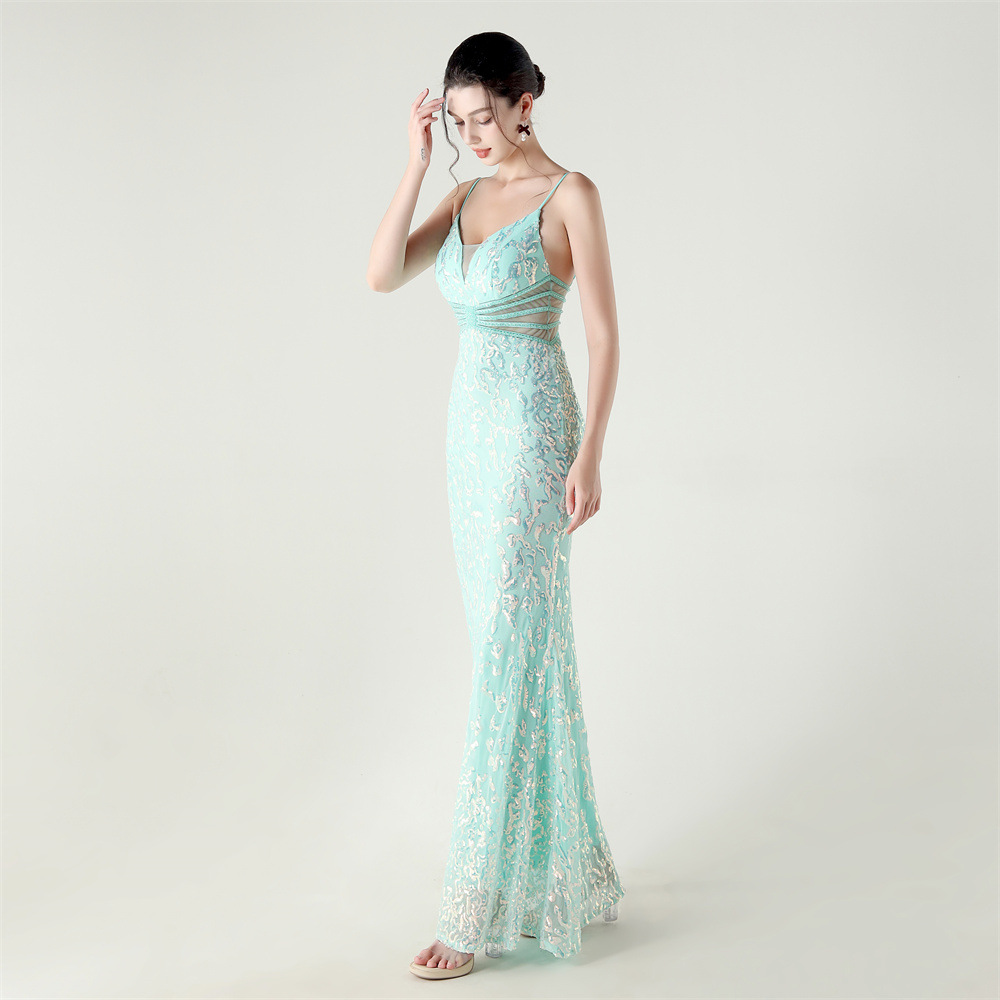 Mid Waist Deep V Plunge Neck Sequin Evening Dress - Image 5
