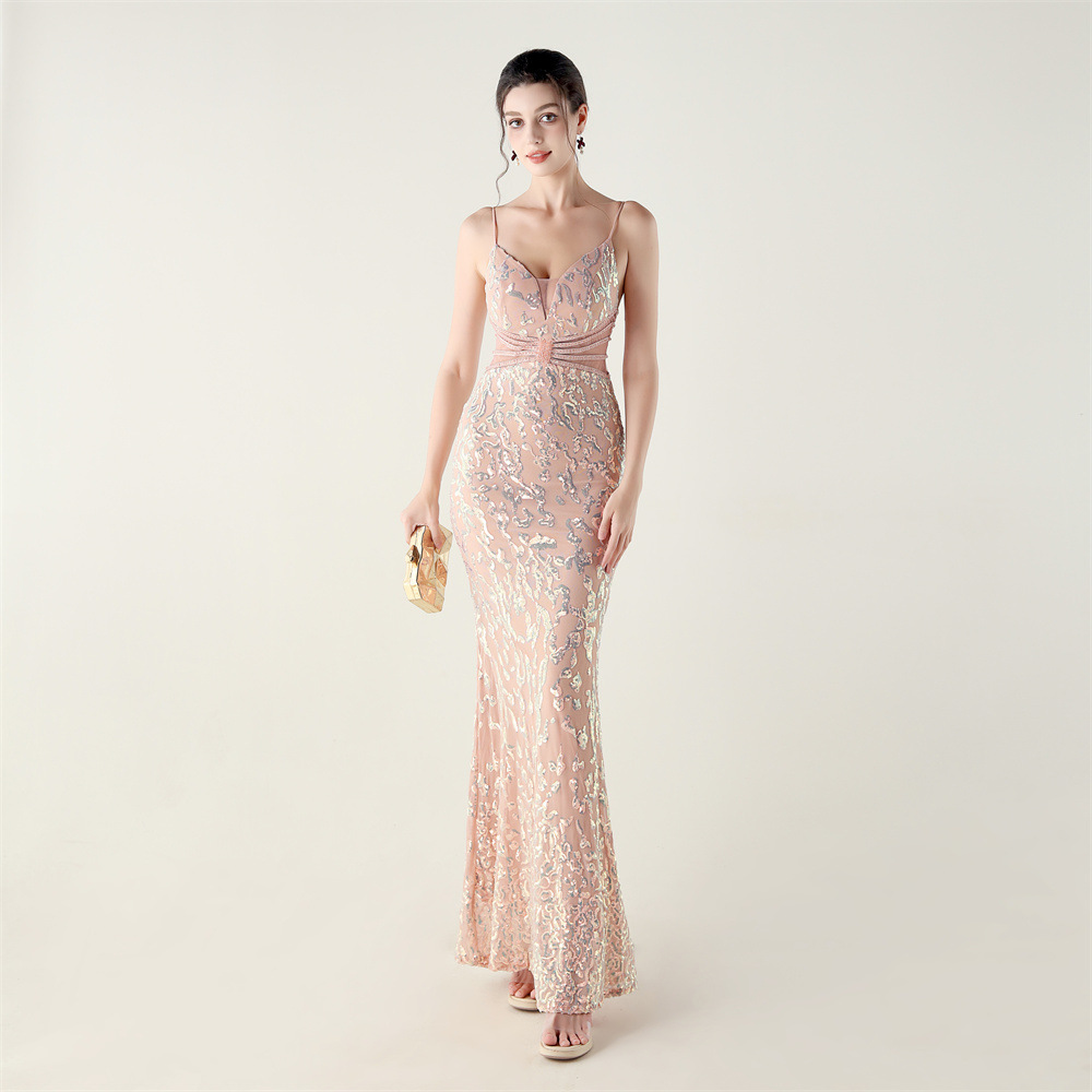 Mid Waist Deep V Plunge Neck Sequin Evening Dress - Image 9