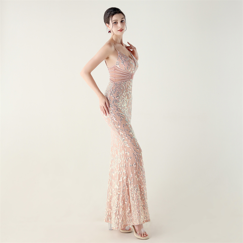 Mid Waist Deep V Plunge Neck Sequin Evening Dress - Image 8