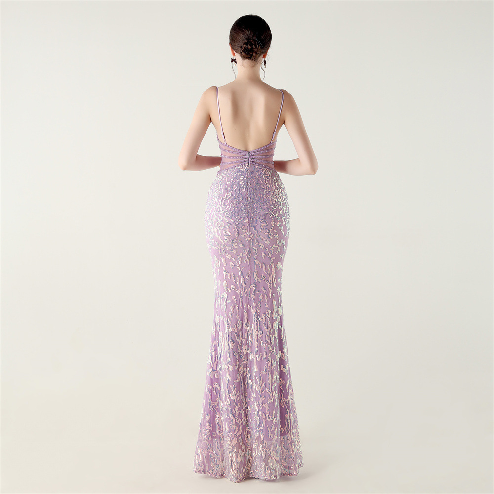 Mid Waist Deep V Plunge Neck Sequin Evening Dress - Image 2
