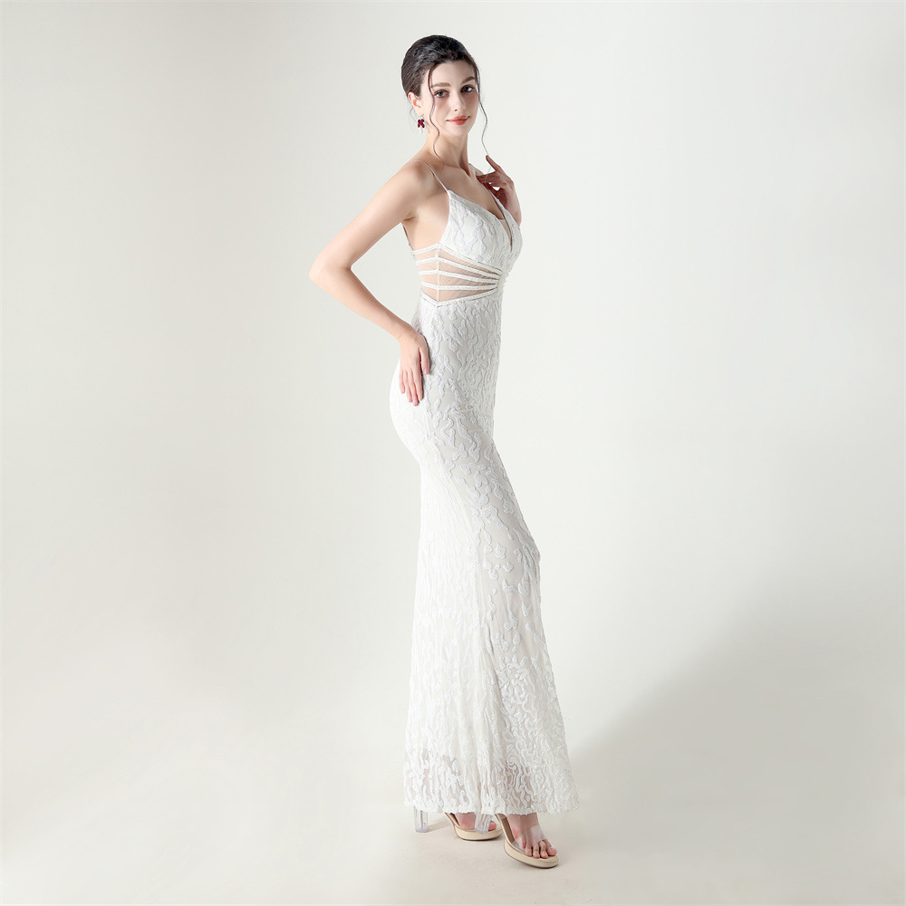 Mid Waist Deep V Plunge Neck Sequin Evening Dress - Image 6