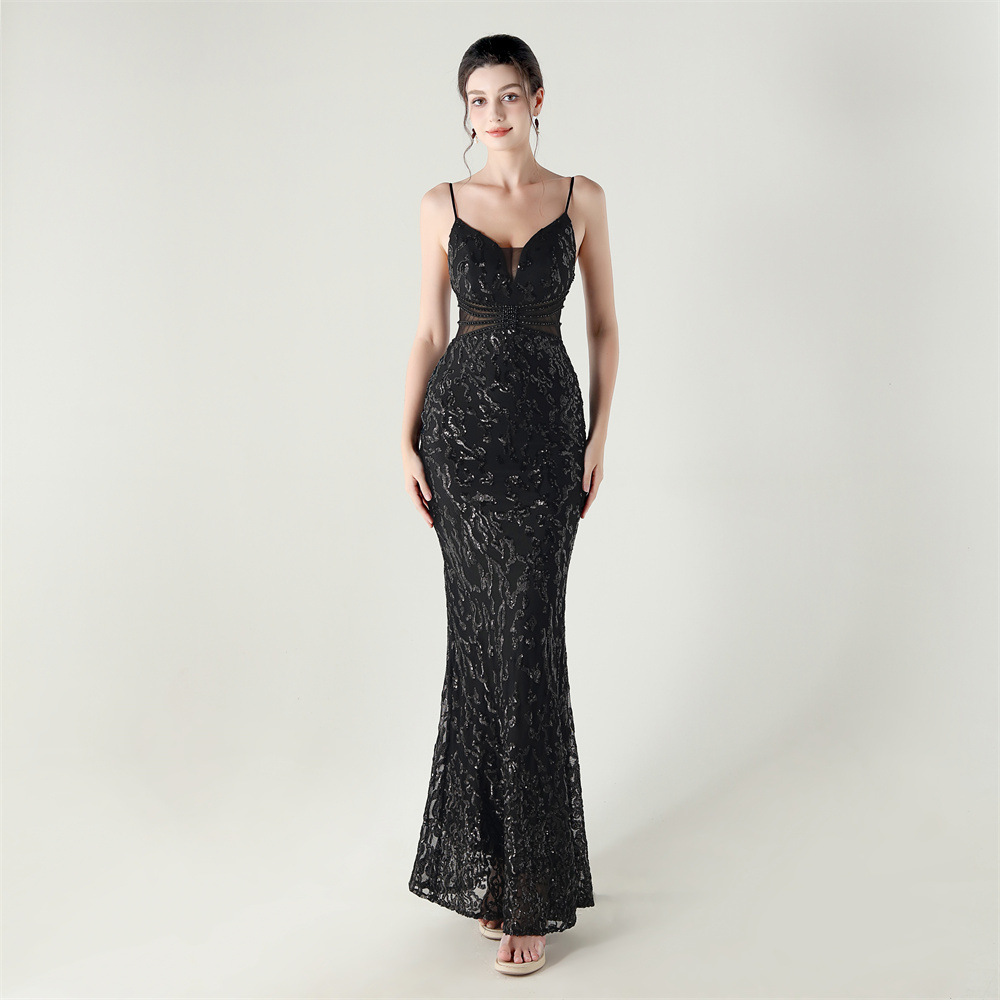 Mid Waist Deep V Plunge Neck Sequin Evening Dress - Image 3