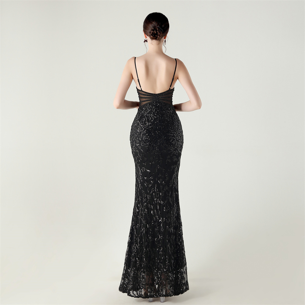 Mid Waist Deep V Plunge Neck Sequin Evening Dress - Image 4